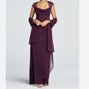 XSCAPE  Cap Sleeve Jersey Dress With Lace Detail and Shawl - Plum
